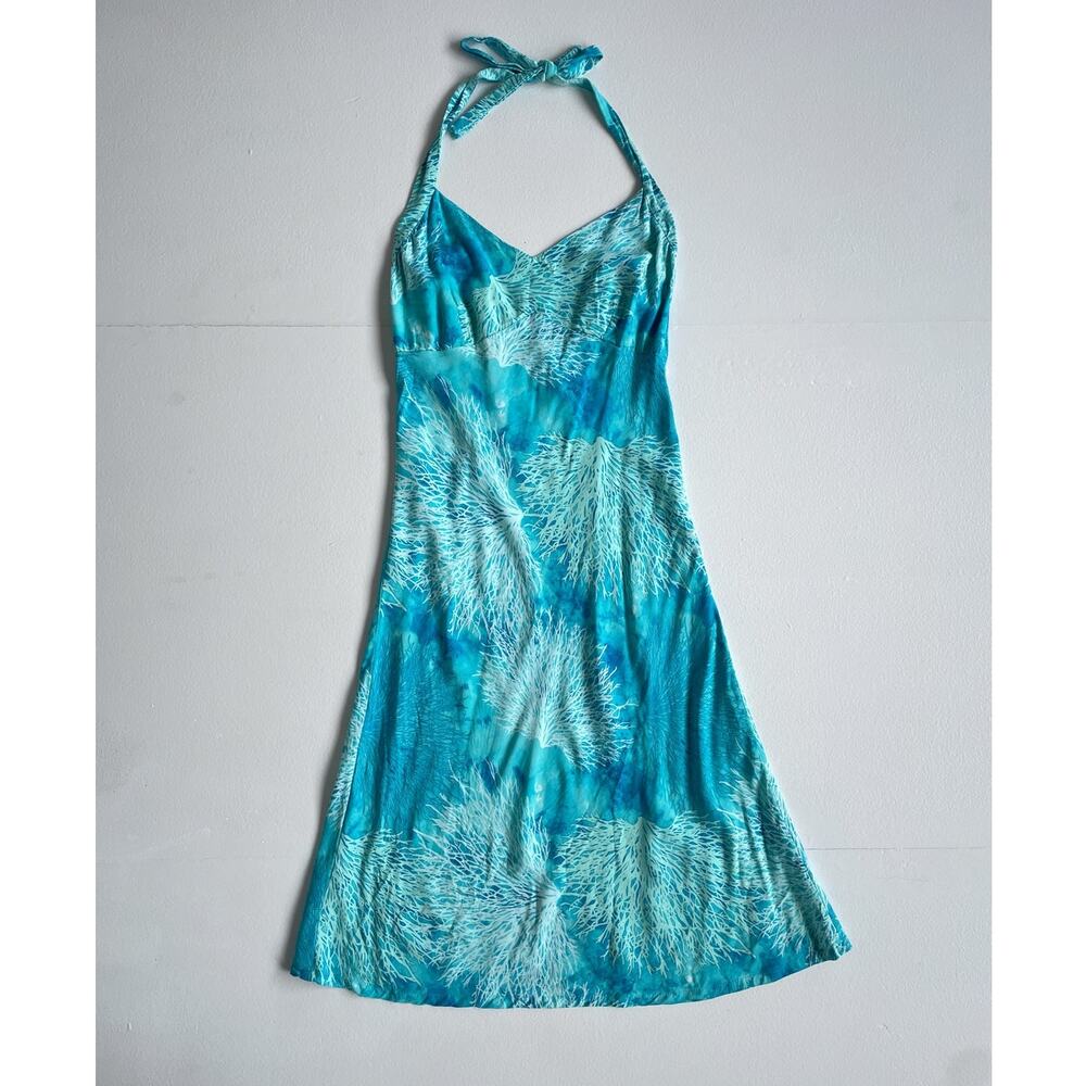 Vtg 90s HILO HATTIE Blue Floral Dyed Rayon Halter Sun Dress / Small / Hawaii